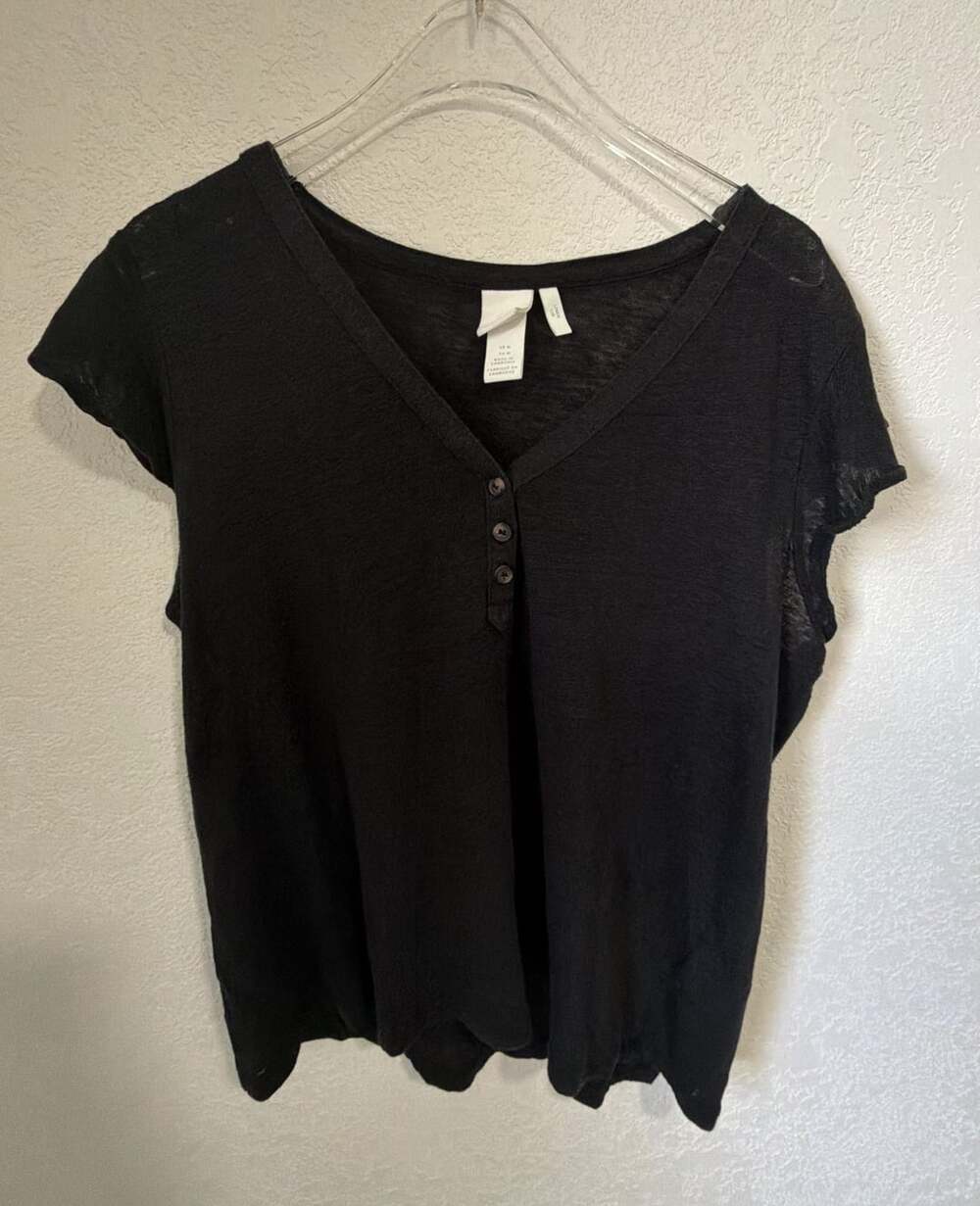 H&M Henley Shirt Size M Black 100% Linen Flutter Sleeve V-Neck